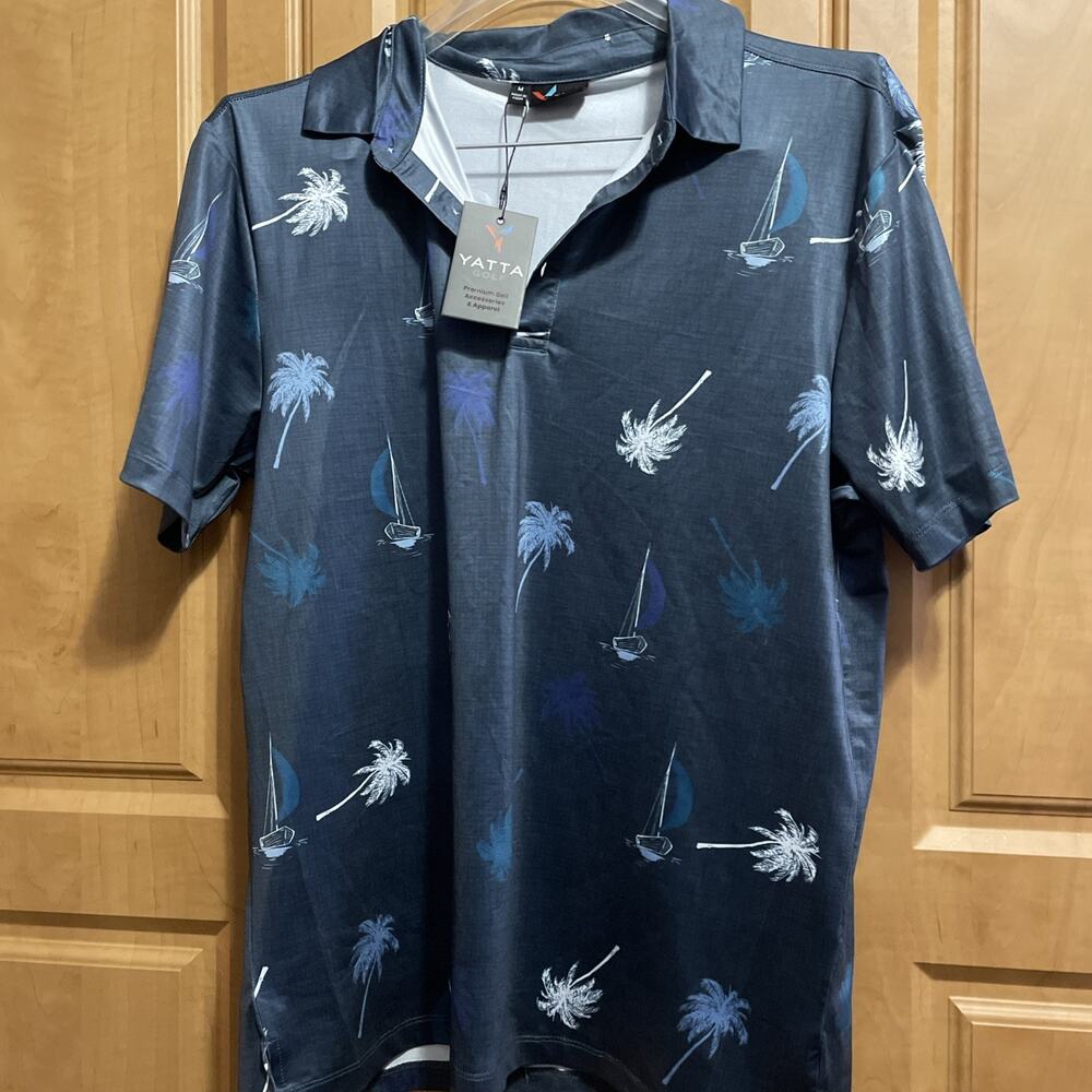 Yatta Golf NWT Pura Vida Palm Tree Boat Hawaiian Short Sleeve Polo Shirt SZ M